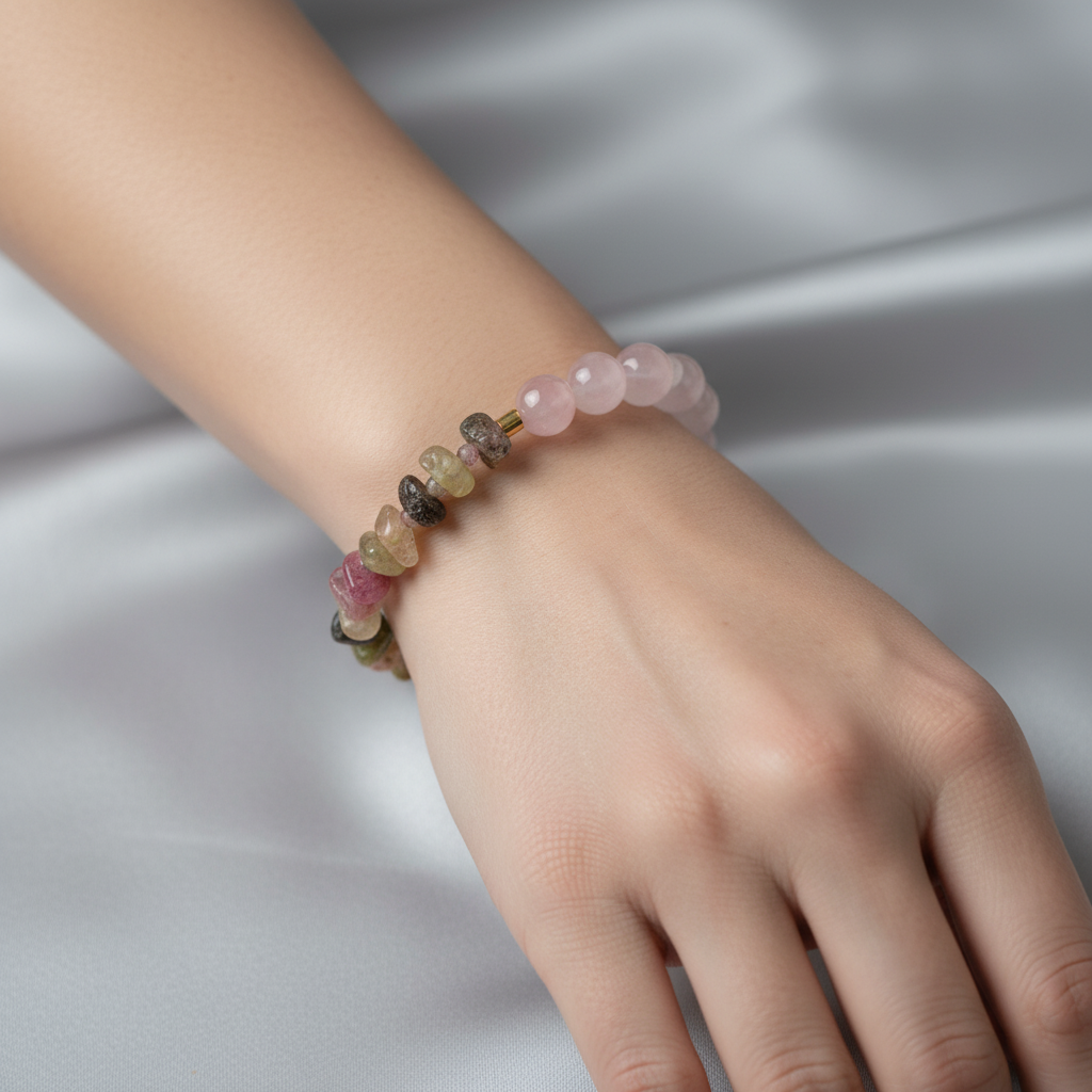 Renkli Turmalin & Pembe Kuvars Doğal Taş Bileklik – Özel Tasarım
