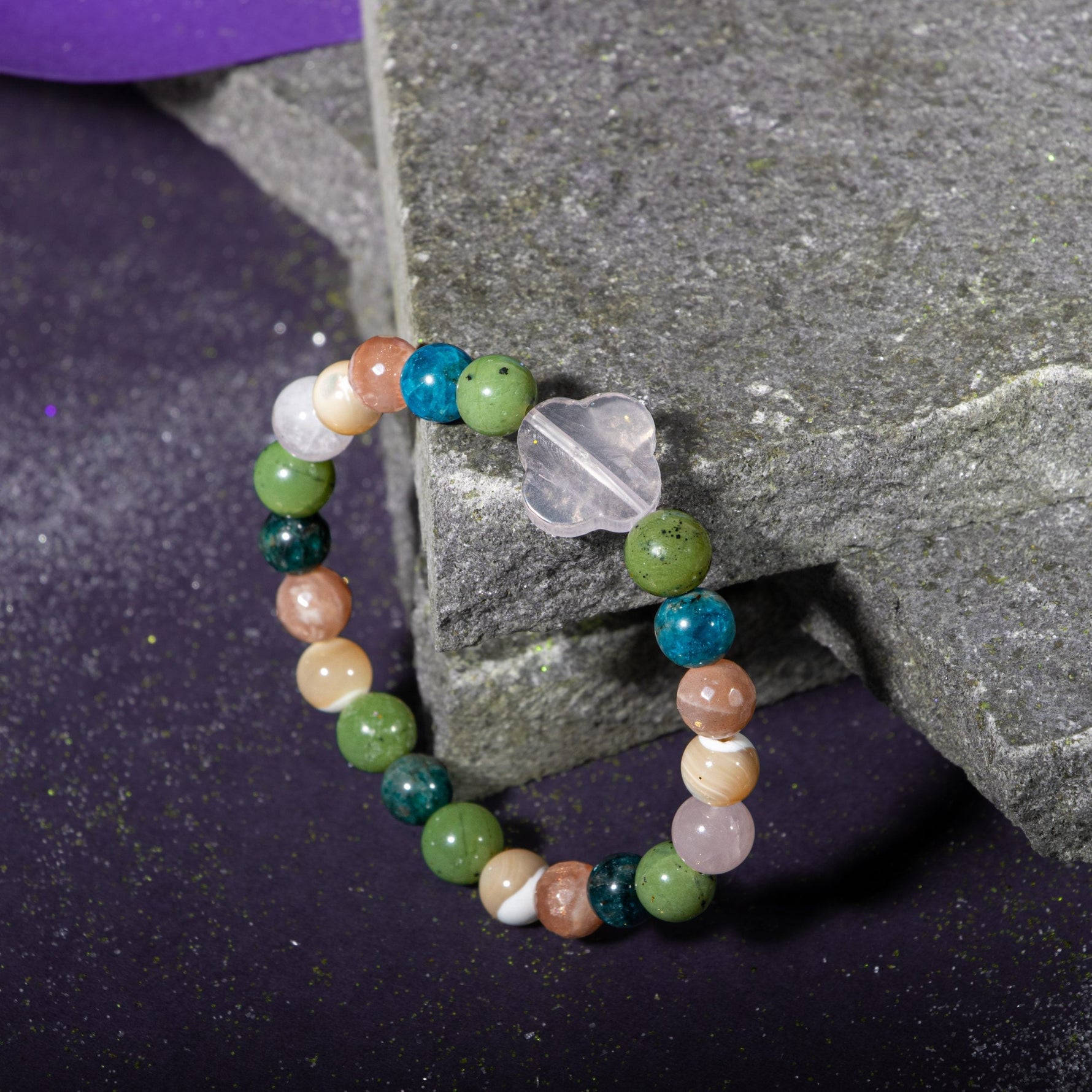 Boğa Burcu Bileklik Güneş Taşı, Mavi Apatit, Pembe Kuvars, Sedef, Yeşim