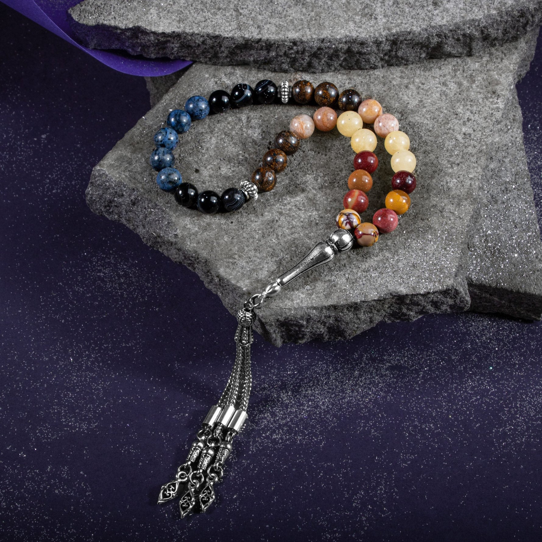 Aslan Burcu Tesbih Bronzit, Dumortierit, Güneş Taşı, Jasper, Kalsit, Siyah Göz Akik