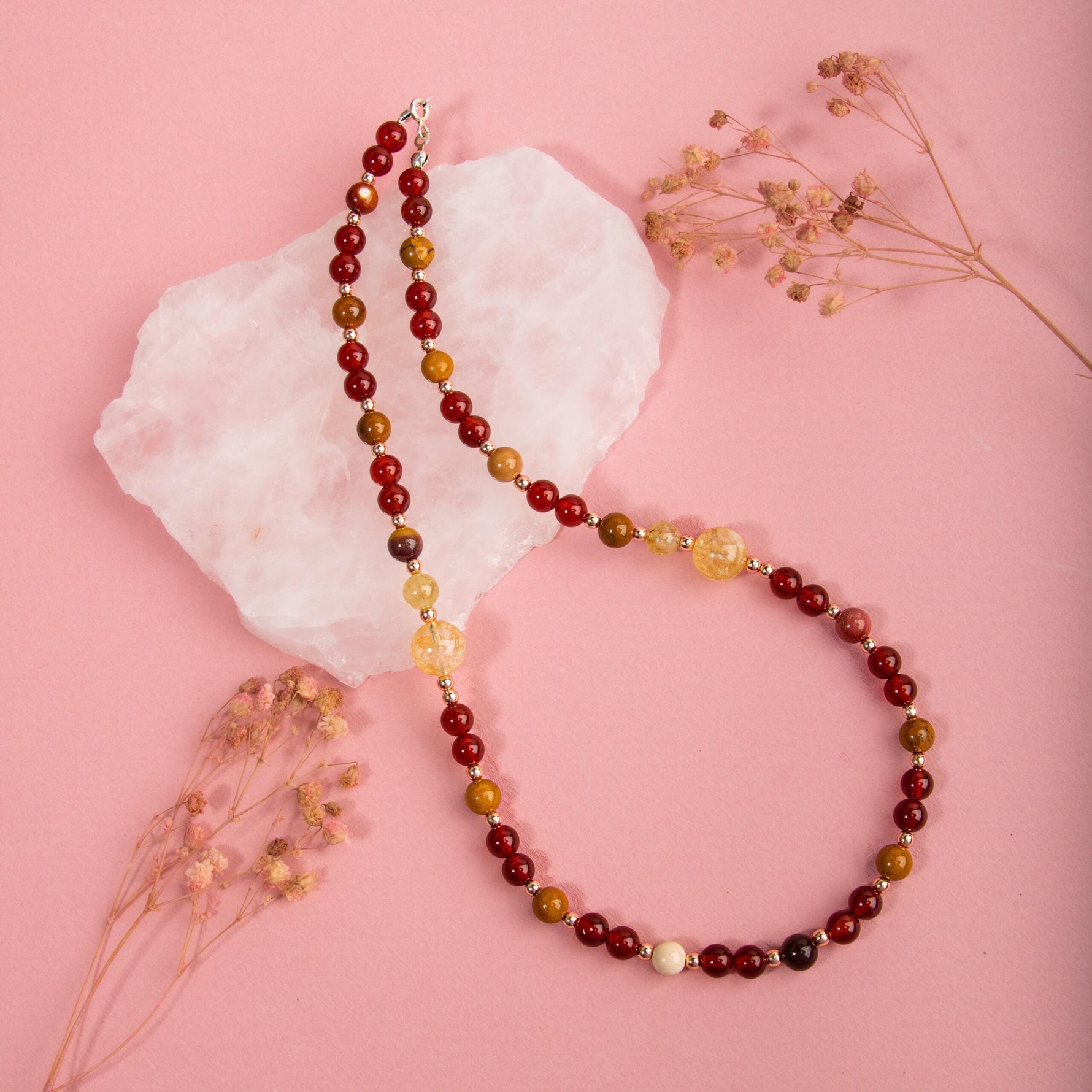 Kırmızı Akik-Sitrin-Jasper-Hematit Doğal Taş Gümüş Kolye