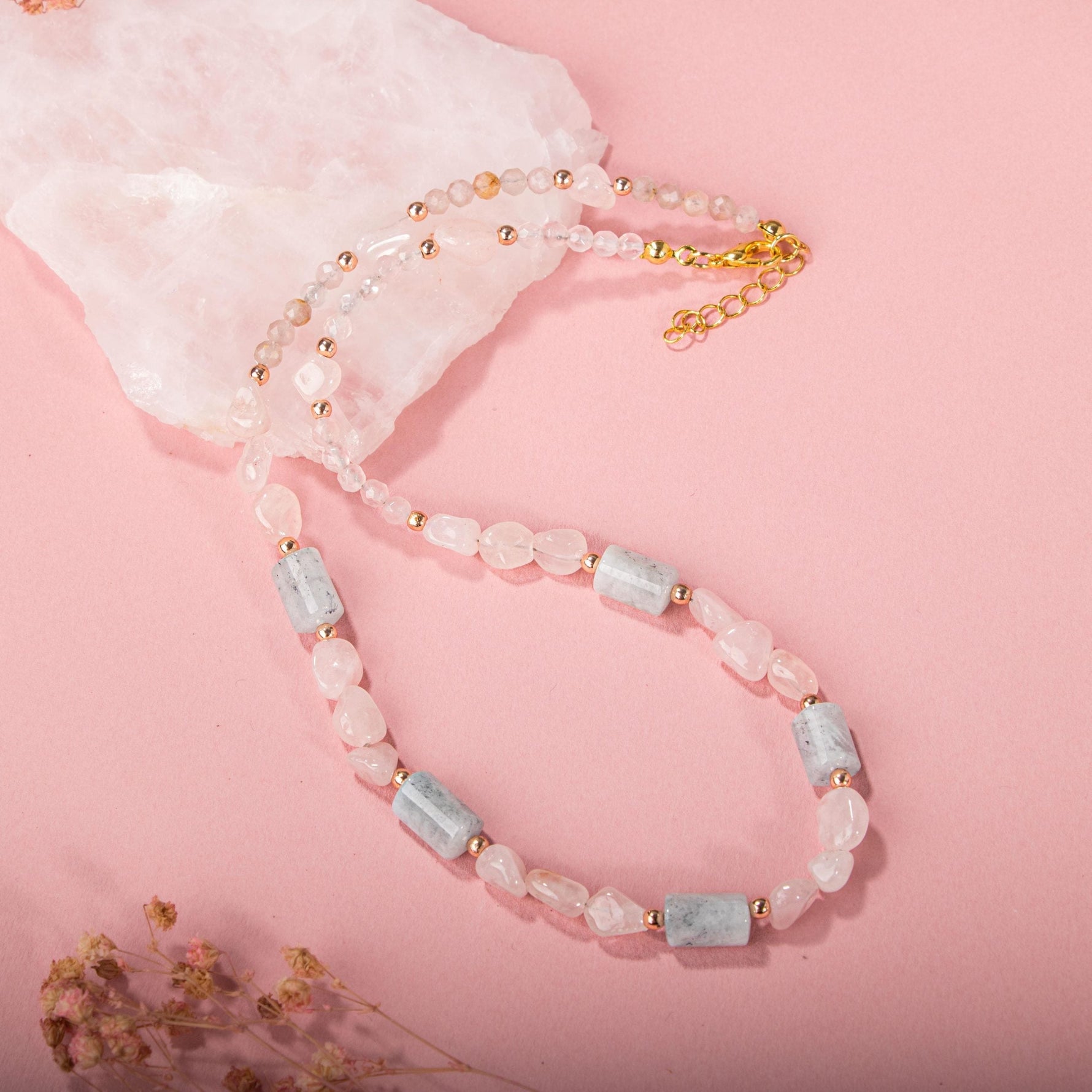 Pembe Kuvars-Akuamarin Doğal Taş Kolye