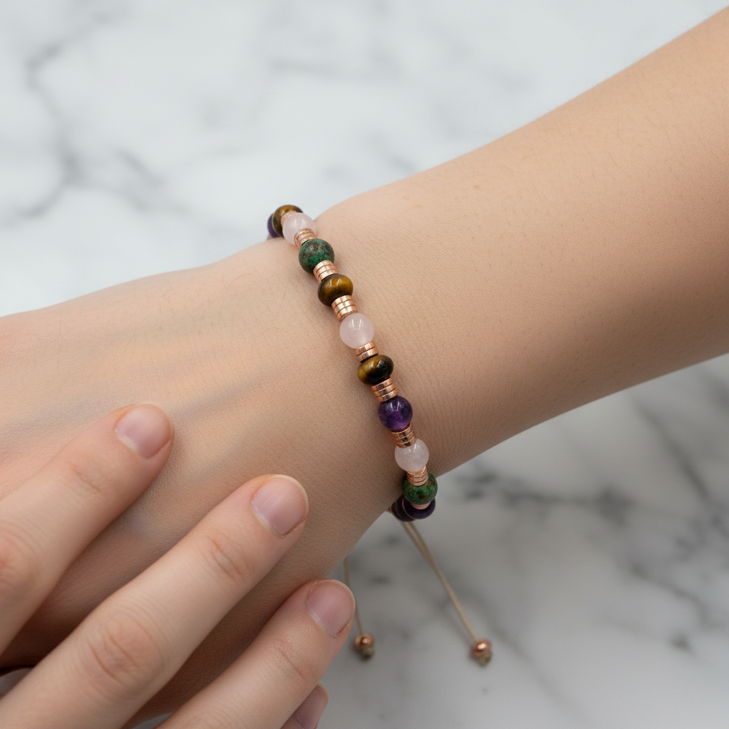Hematit, Pembe Kuvars, Krizokol, Ametist & Kaplan Gözü Doğal Taş Bileklik – Özel Tasarım