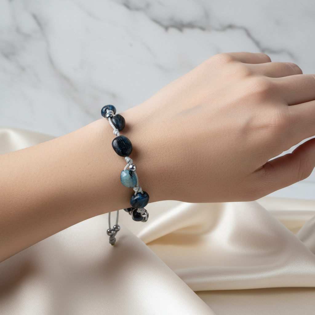 Mavi Kiyanit Natürel Kesim Doğal Taş Makrome Bileklik – Unisex El İşçiliği