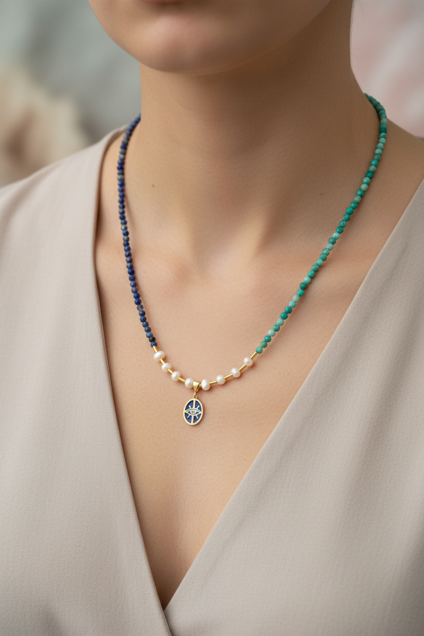 Mozaik Lapis Lazuli, Amazonit & İnci Doğal Taş 925 Ayar Gümüş Tasarım Kolye – Özel Tasarım