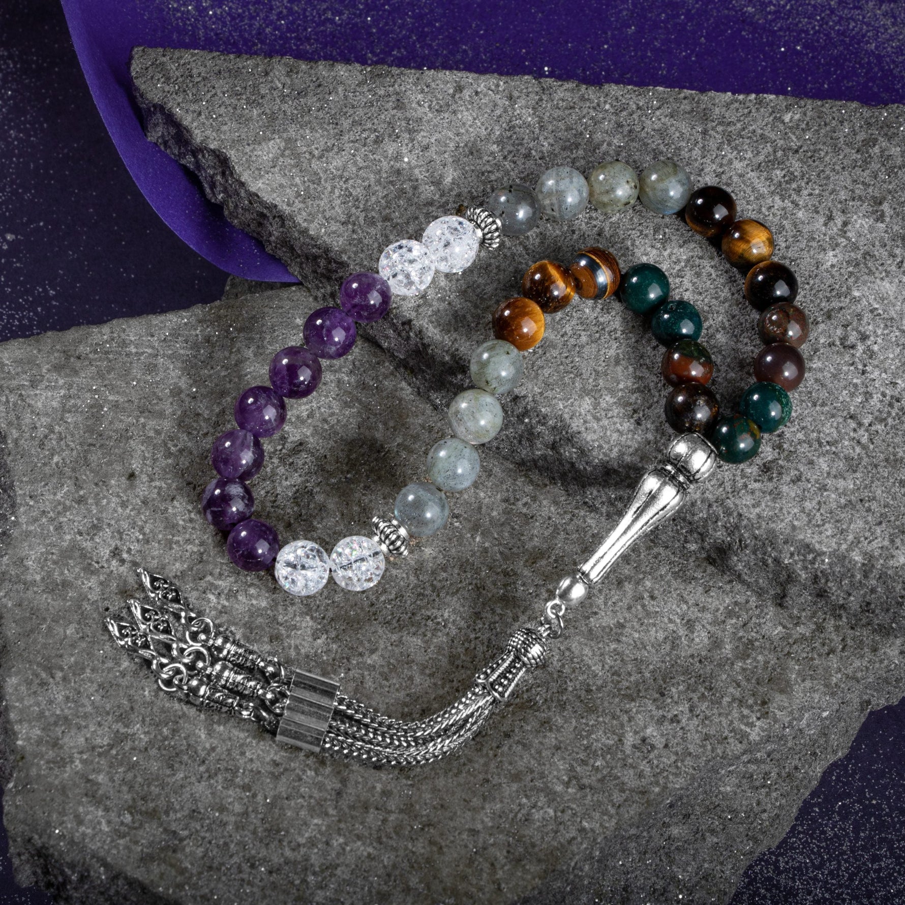 Balık Burcu Tesbih Ametist, Kan Taşı, Kaplan Gözü, Labradorit, Necef