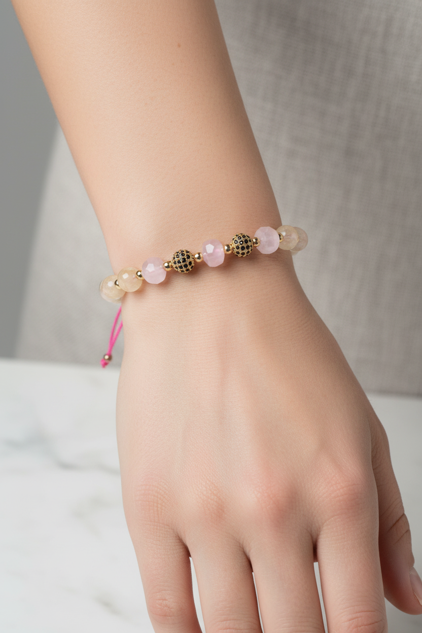 Sitrin ve Pembe Kuvars Doğal Taş Bileklik – Zirkon Aparatlı, Unisex Şık Tasarım