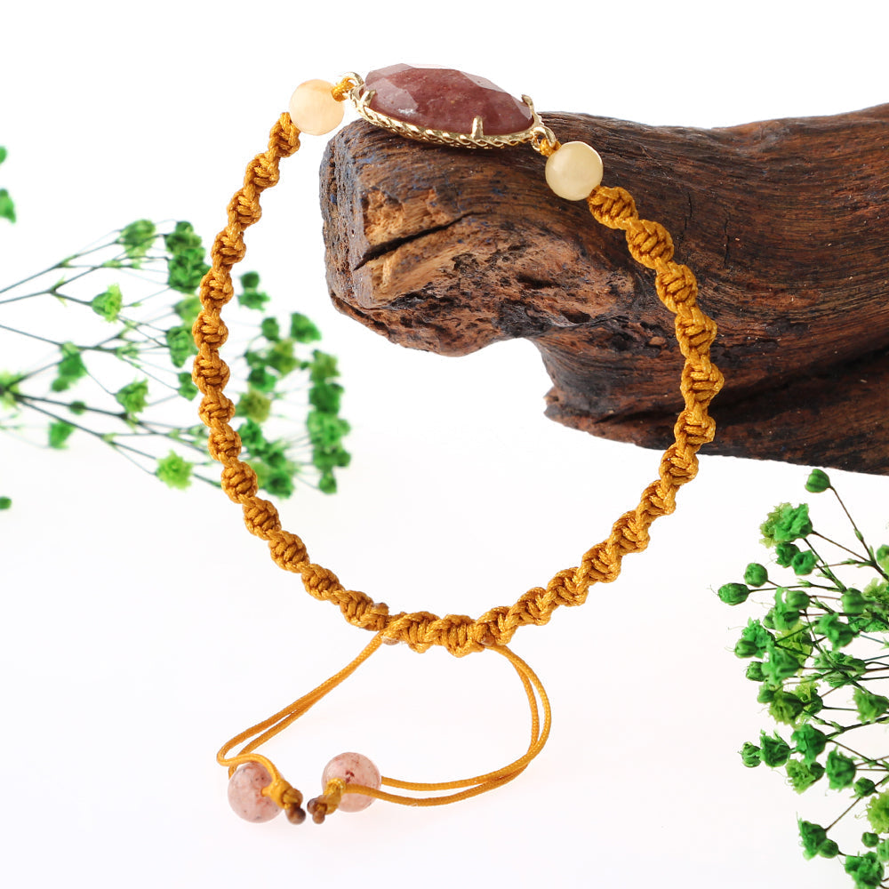 Çilek Kuvars-Kalsit Doğal Taş Makrome Örgü Bileklik