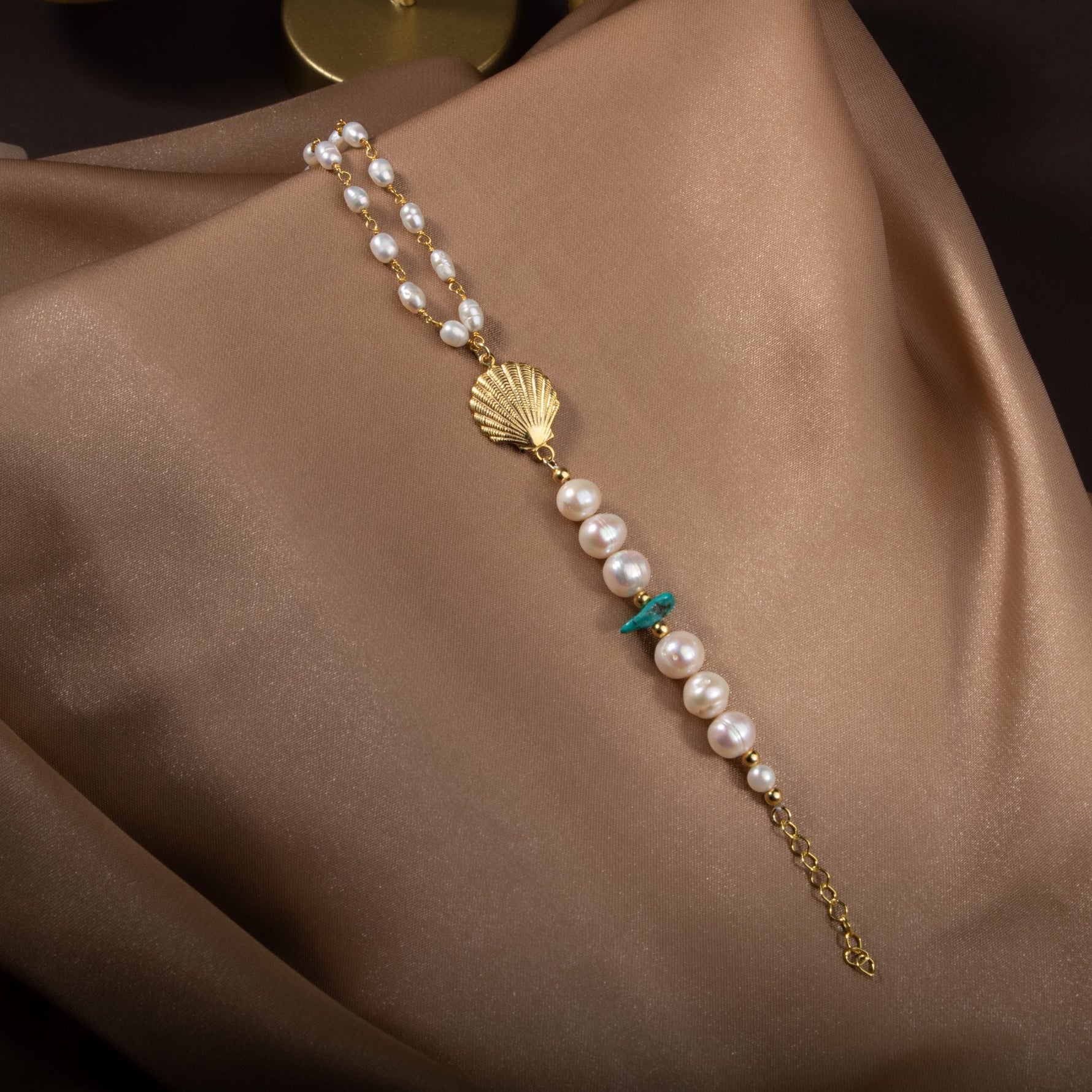 İnci-Turkuaz Doğal Taş Gümüş Midye Bileklik