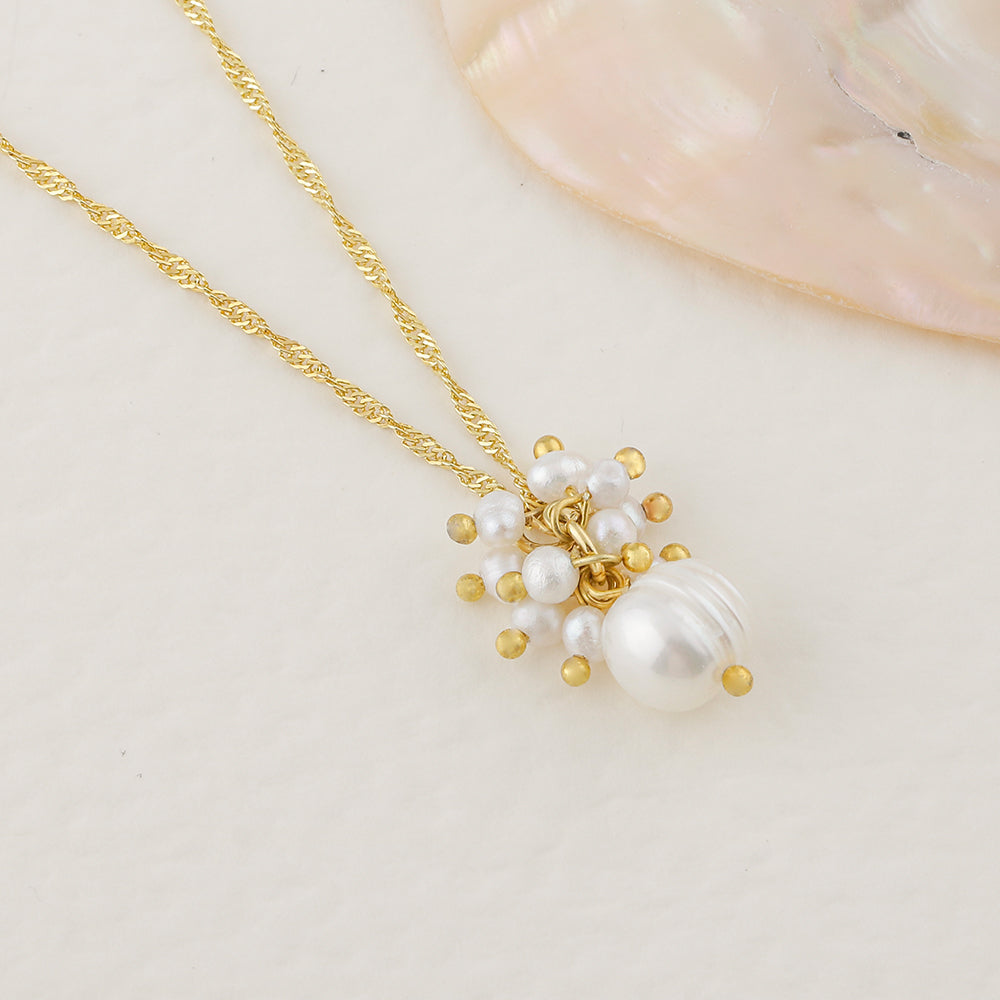 İnci Altın Kaplama Zincir Doğal Taş Kolye