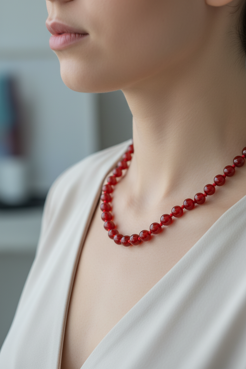 Kırmızı Akik Doğal Taş Kolye – 8 mm Düğümlü, Unisex Tasarım