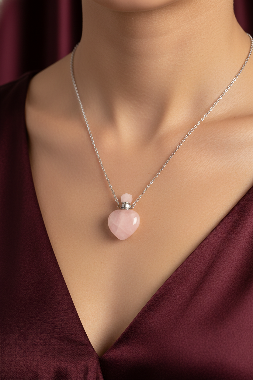 Sertifikalı Pembe Kuvars Doğal Taş Esans Kolyesi | Pirtash | Özel Üretim