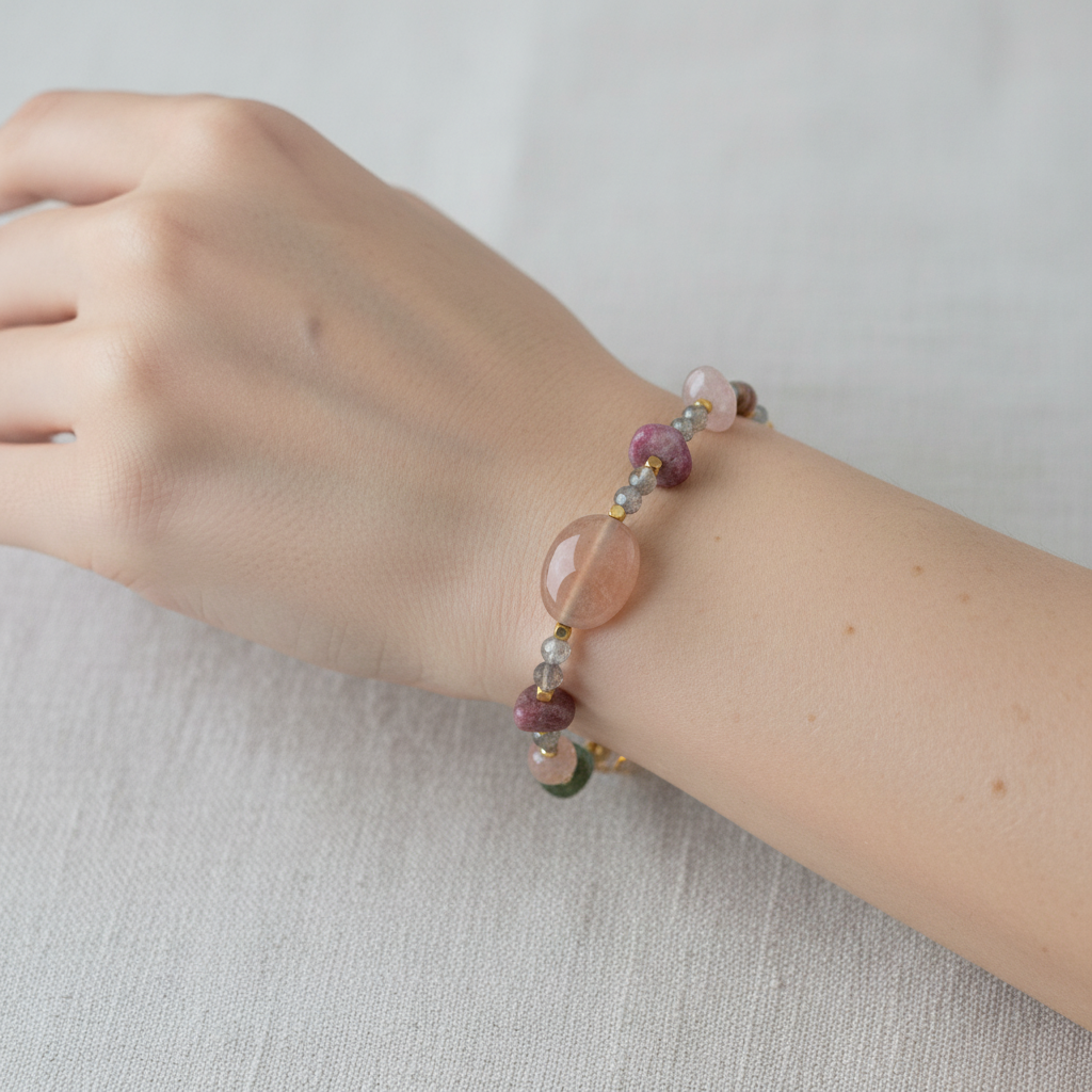 Labradorit, Renkli Turmalin, Güneş Taşı & Pembe Opal Doğal Taş Bileklik – Özel Tasarım