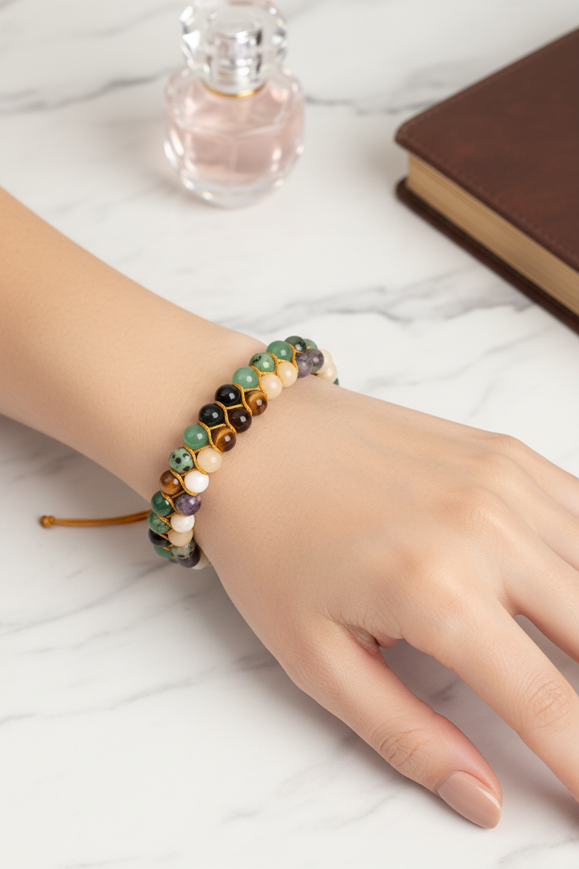 Sertifikalı Yengeç Burcu Doğal Taş Çift Sıra Makrome Bileklik – 6 mm | Pirtash | Özel Üretim