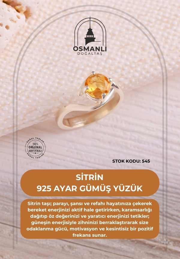 Sertifikalı Sitrin 925 Ayar Gümüş Yüzük (SK:545)