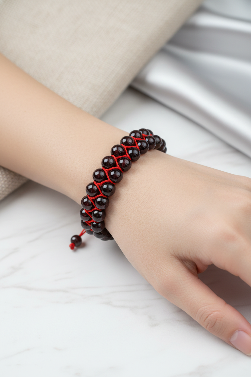 Bordo Granat Lal 8mm Çift Sıra Makrome Doğal Taş Bileklik