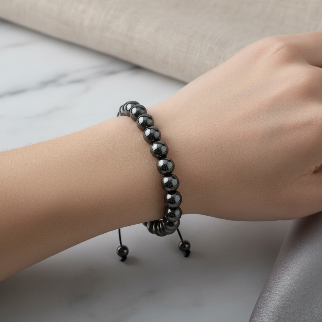 Hematit 8 mm Merdiven Kapama Doğal Taş Bileklik – El İşçiliği