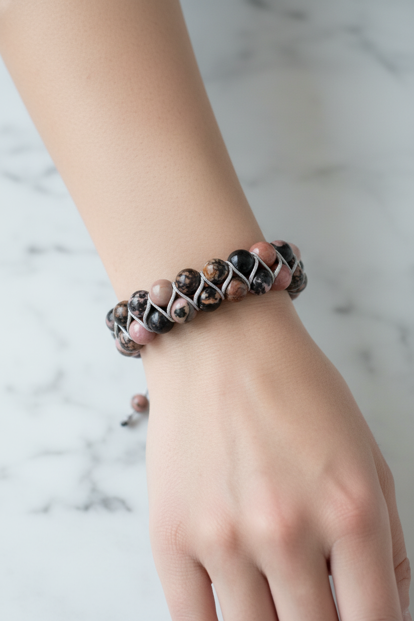 Rodonit 8mm Çift Sıra Makrome Doğal Taş Bileklik