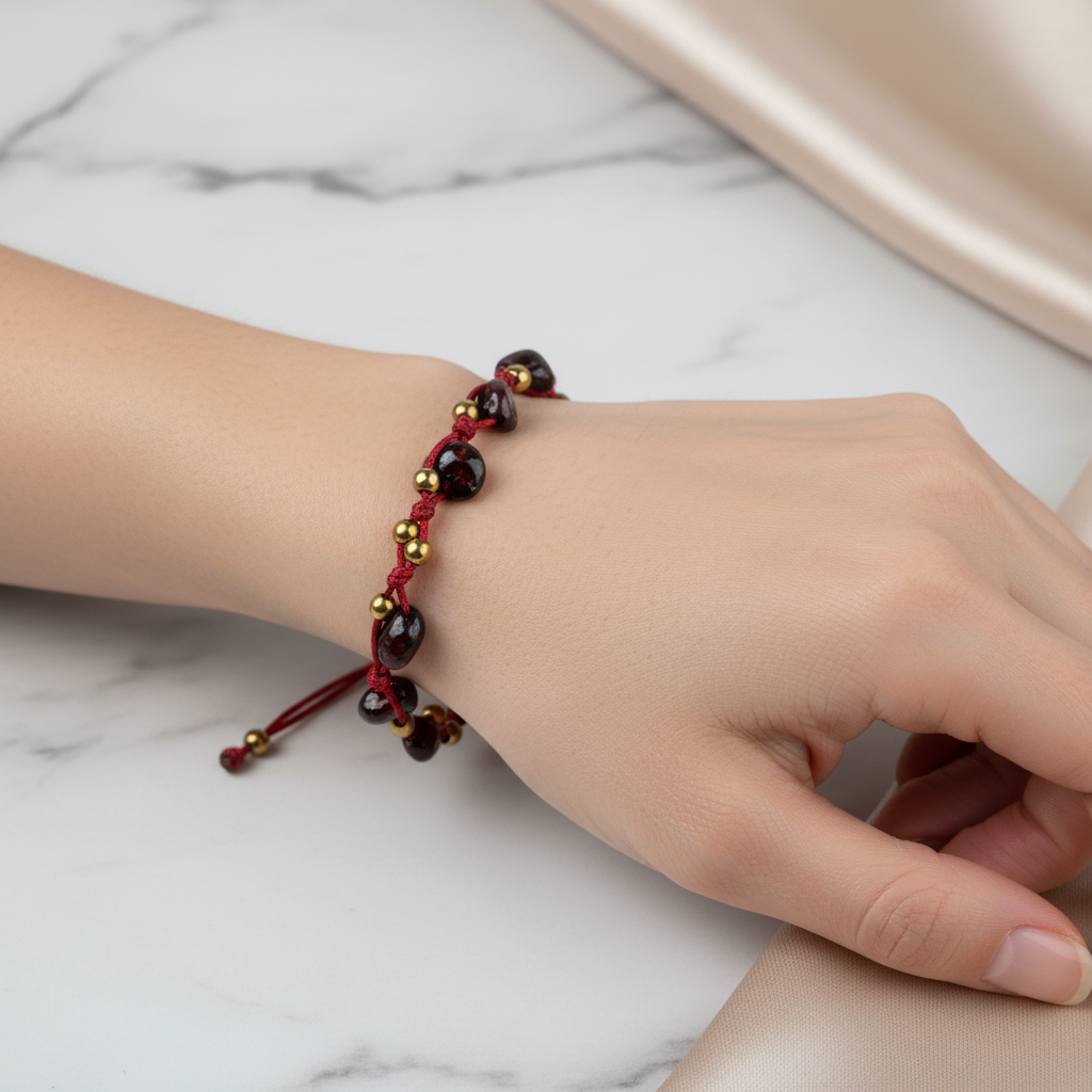Bordo Granat Lal Natürel Kesim Doğal Taş Makrome Bileklik – Unisex El İşçiliği