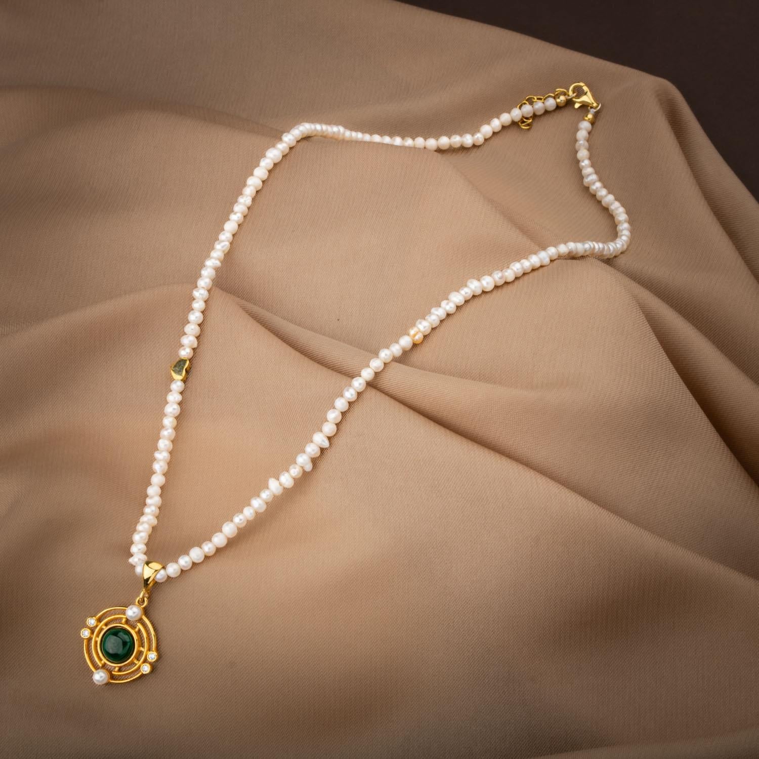 Malakit Taşlı İnci Doğal Taş Gümüş Tasarım Kolye - 54cm