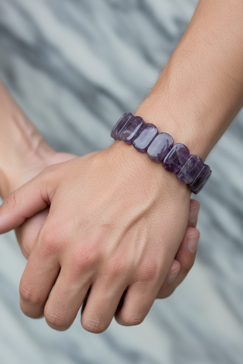 Ametist Geniş Kesim Doğal Taş Bileklik – Unisex Şık Tasarım (9 x 14 mm Özel Kesim)