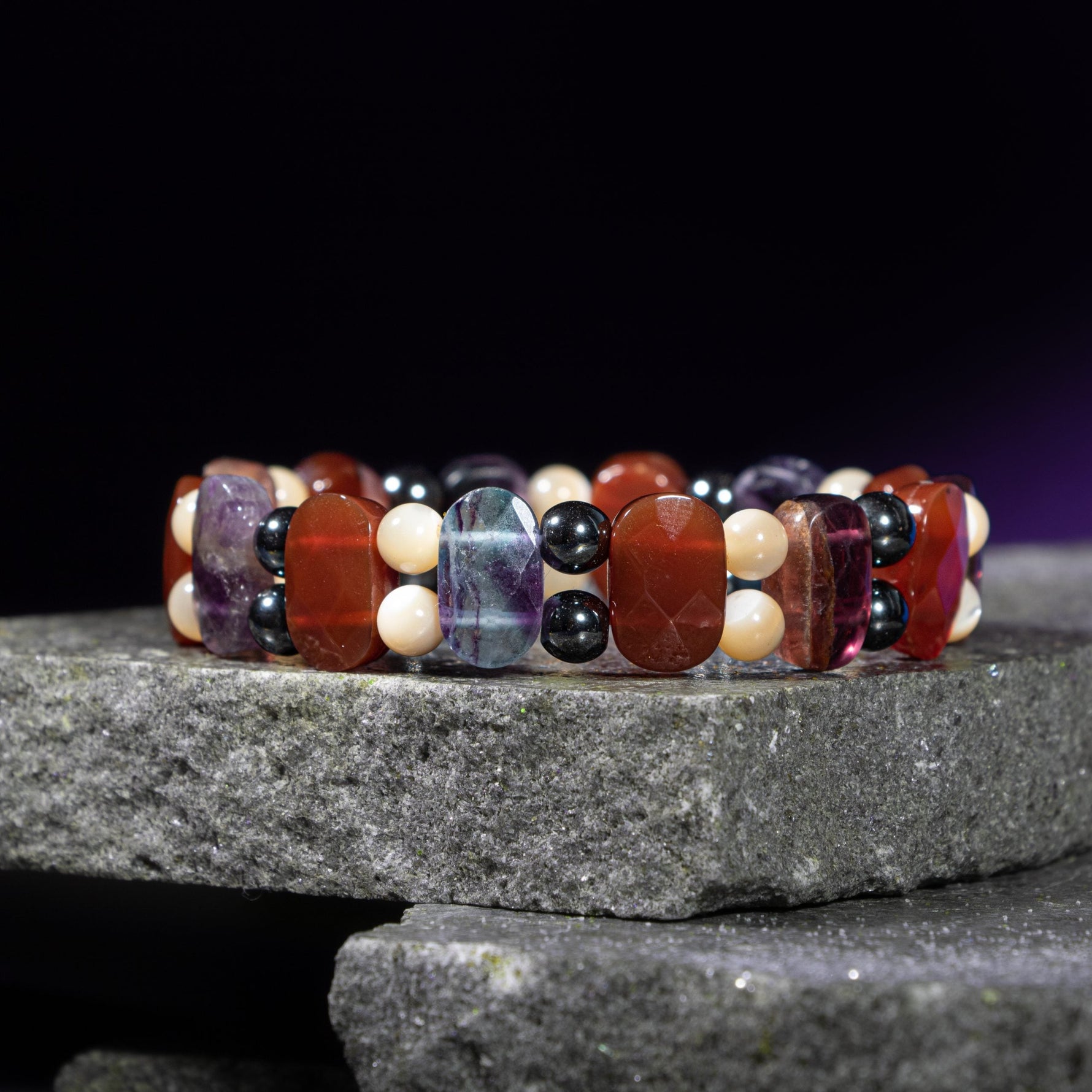 Kova Burcu Bileklik Hematit, Kırmızı Akik, Sedef, Mor Florit
