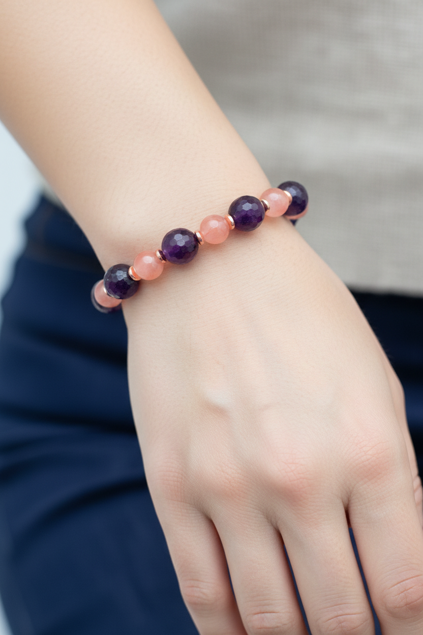 Yemen Akiği, Fasetli Ametist ve Hematit Doğal Taş Bileklik – Misinalı, Unisex Tasarım