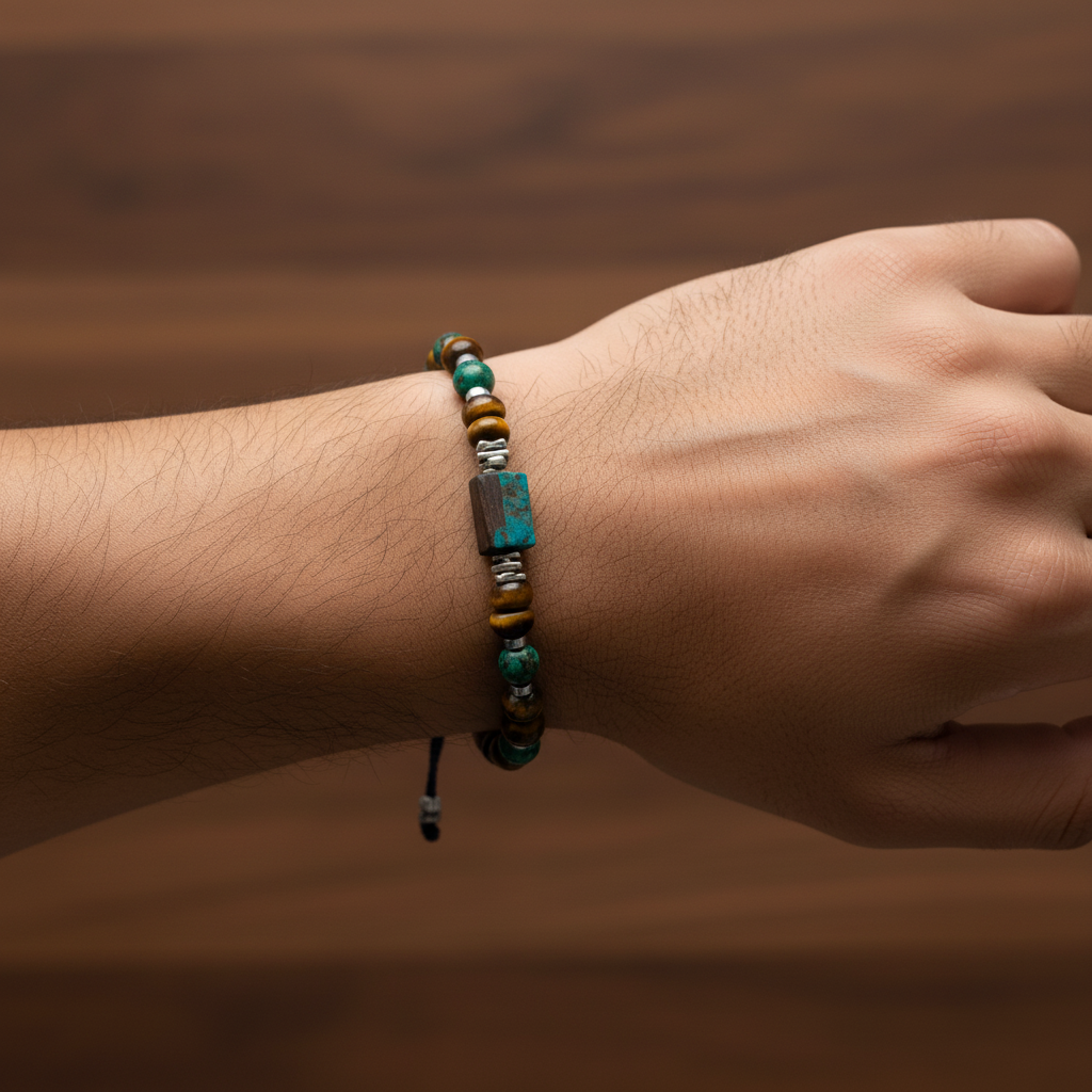 Krizokol, Kaplan Gözü, Azurit Malakit & Hematit Doğal Taş 925 Ayar Gümüş Erkek Bileklik – Özel Tasarım