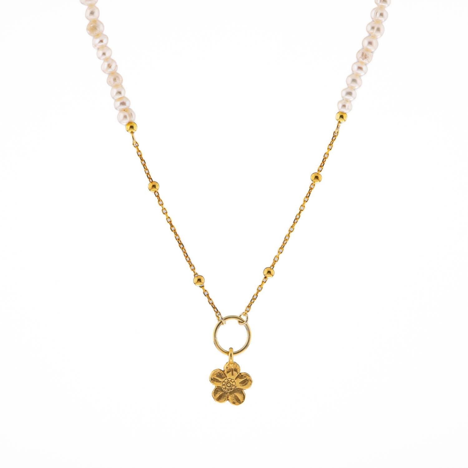 İnci Doğal Taş Gümüş Çiçekli Kolye