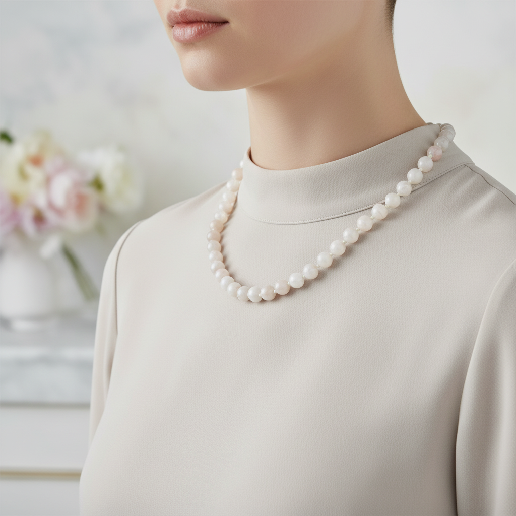 Ay Taşı Doğal Taş Kolye – 8 mm Düğümlü, Unisex Tasarım