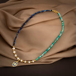 Mozaik Lapis Lazuli Taşlı-Amazonit-İnci Doğal Taş Gümüş Tasarım Kolye - 54cm