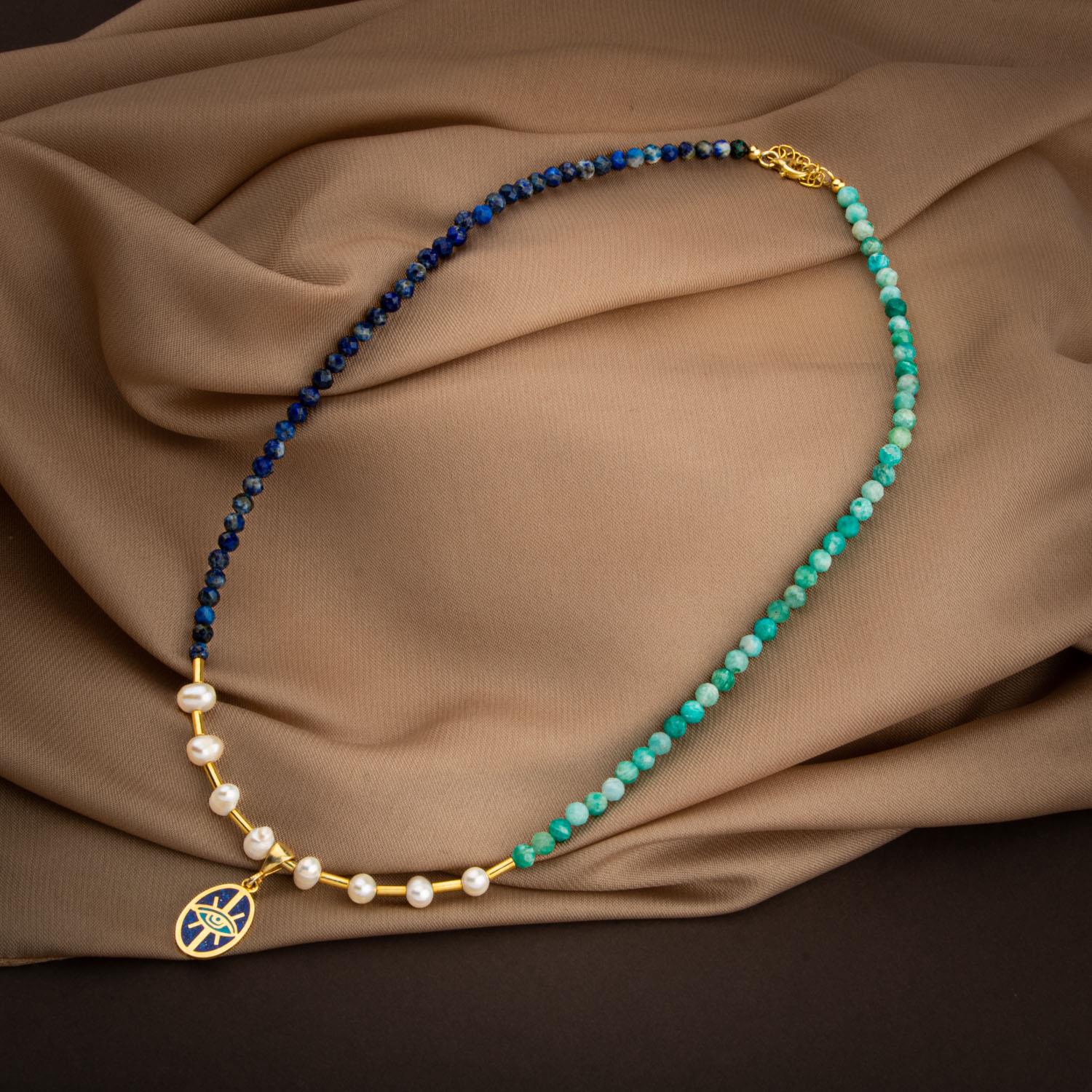 Mozaik Lapis Lazuli Taşlı-Amazonit-İnci Doğal Taş Gümüş Tasarım Kolye - 54cm