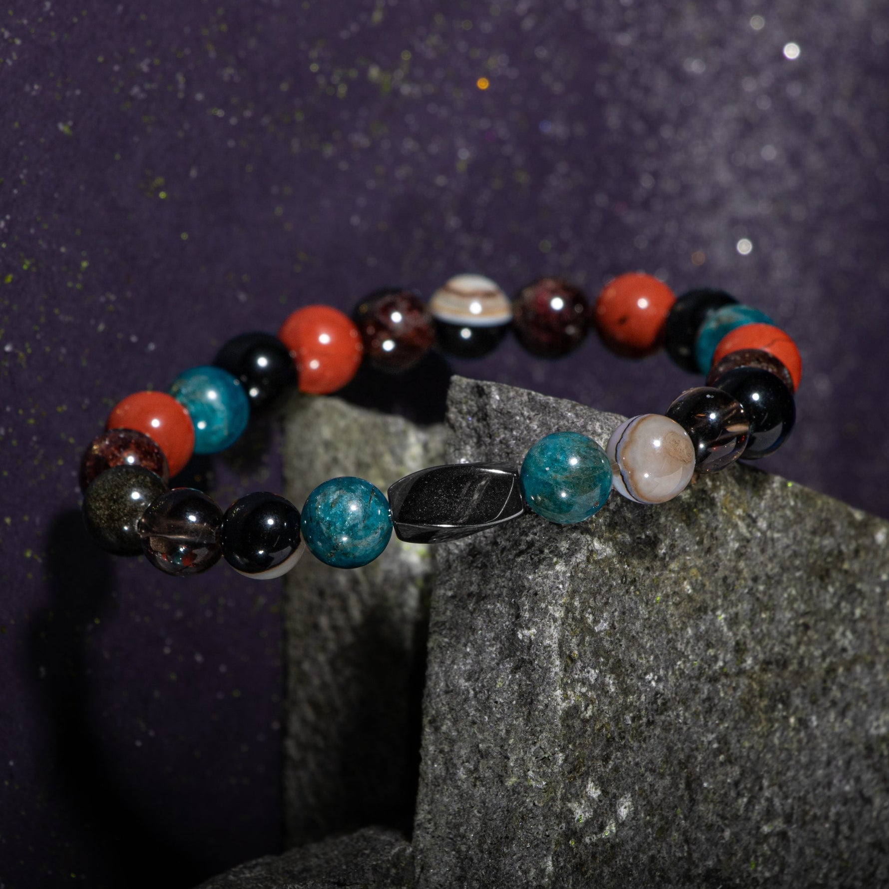 Başak Burcu Bileklik Bordo Granat Lal, Dumanlı Kuvars, Golden Obsidyen, Jasper, Mavi Apatit, Siyah Göz Akik