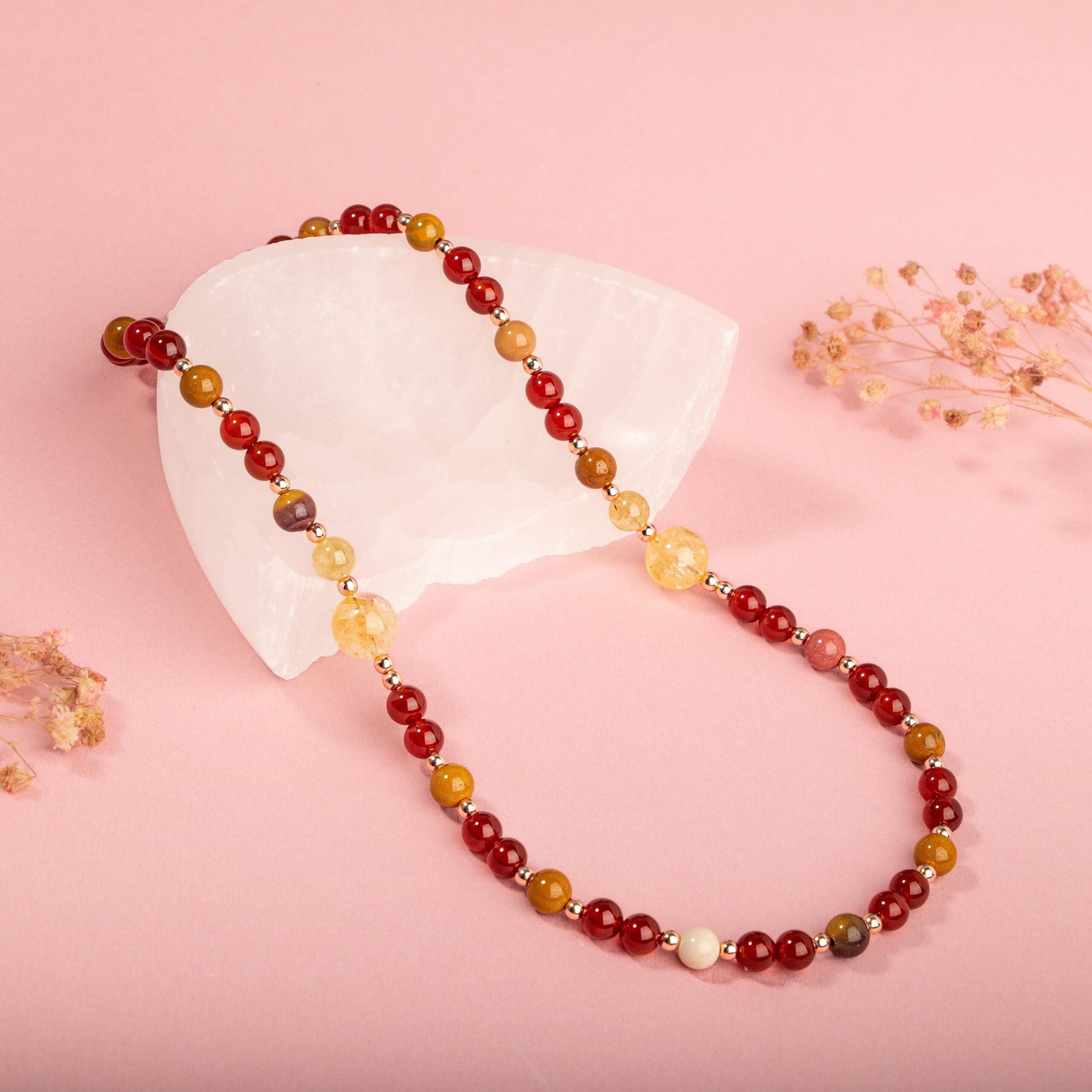 Kırmızı Akik-Sitrin-Jasper-Hematit Doğal Taş Gümüş Kolye