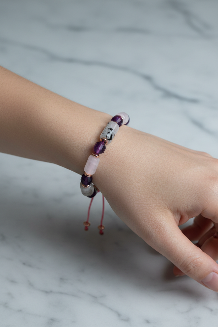 Ametist, Ay Taşı ve Pembe Kuvars Doğal Taş Bileklik – Unisex Şık Tasarım