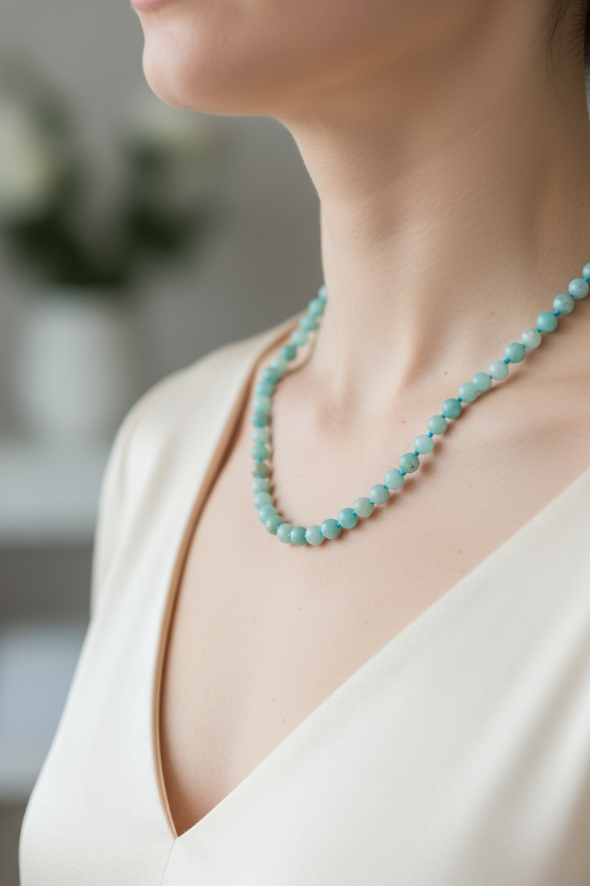 Amazonit 6 mm Düğümlü Doğal Taş Kolye – Unisex El İşçiliği