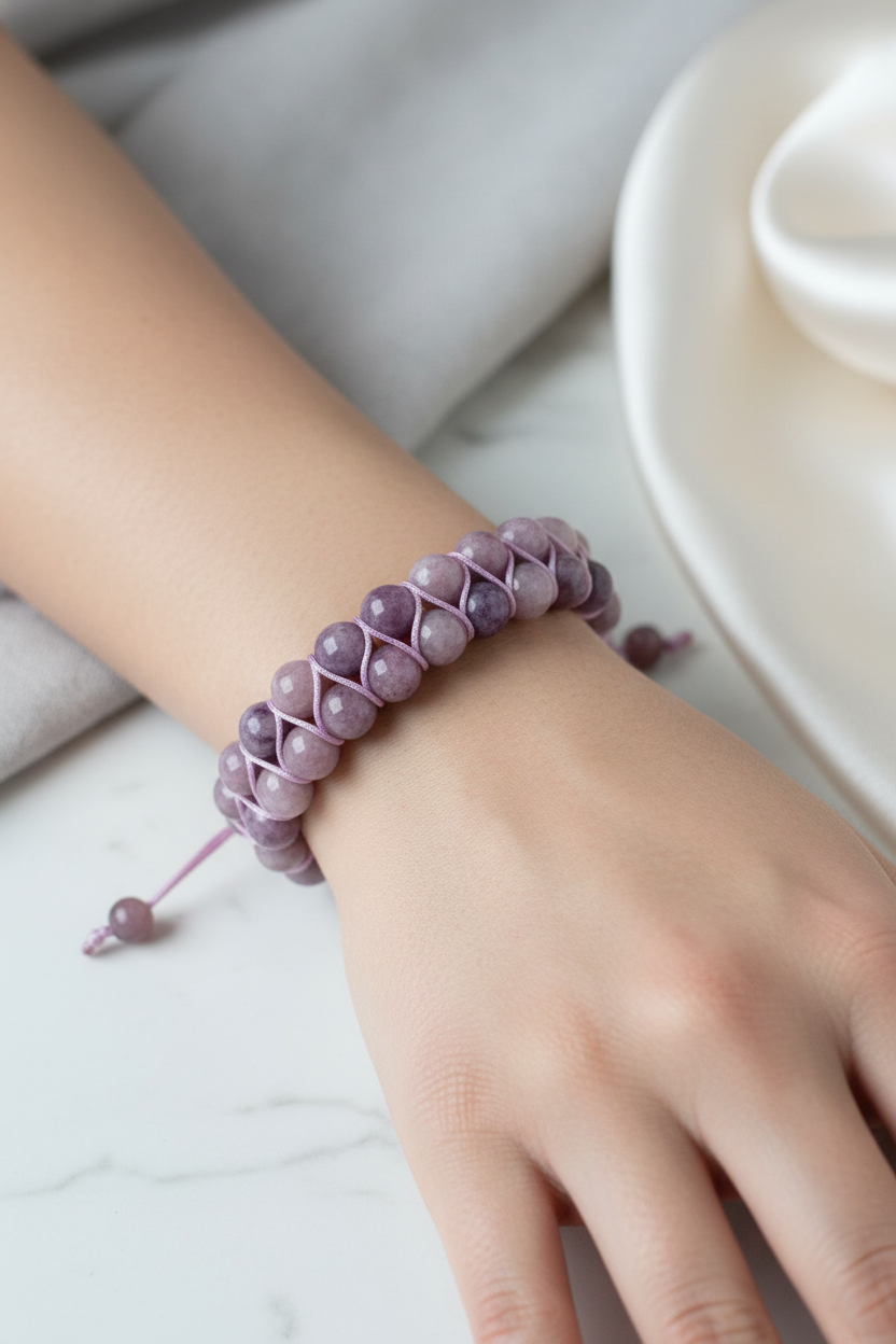 Lepidolit 8mm Çift Sıra Makrome Doğal Taş Bileklik