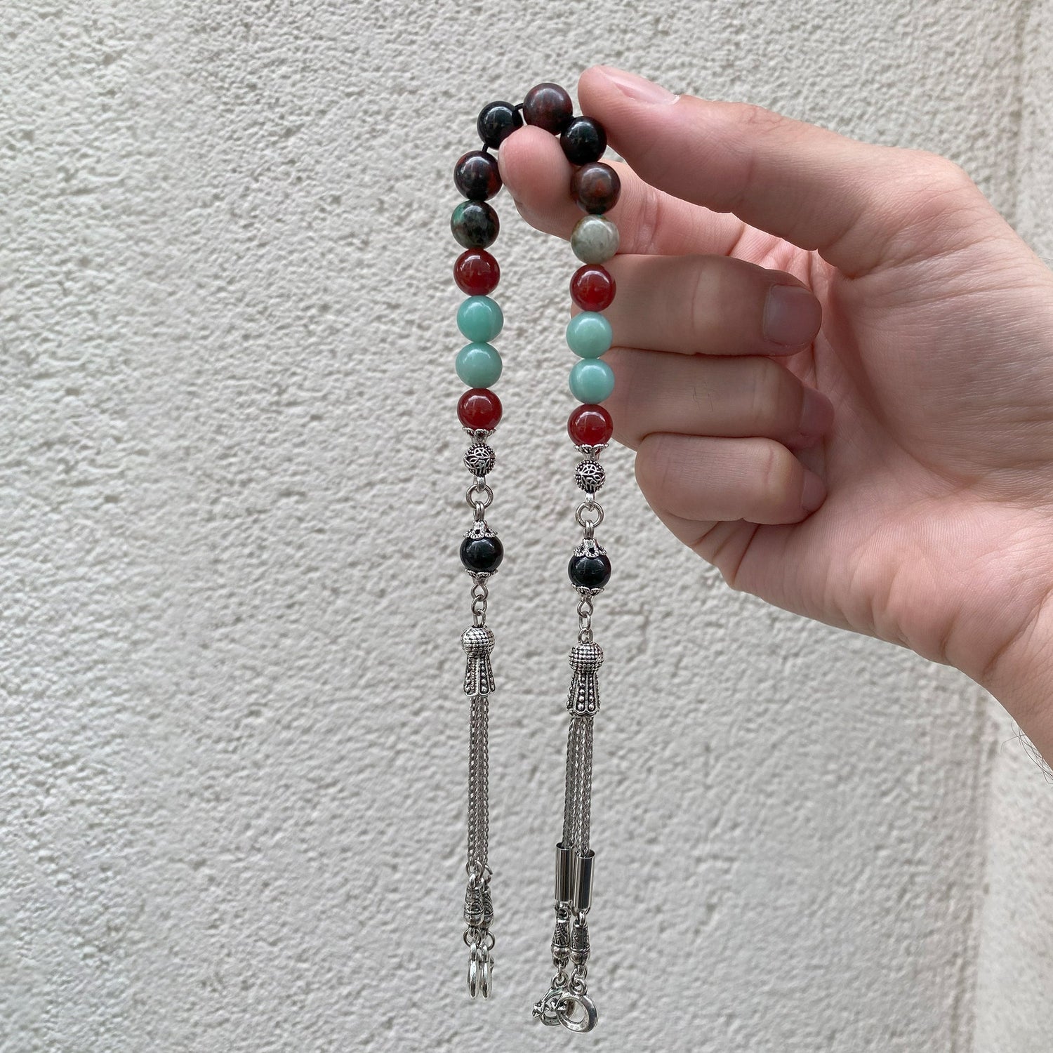 Başak Burcu Zaza Tesbih Doğal Taş Amazonit, Jasper, Kırmızı Akik, Krizokol, Siyah Turmalin