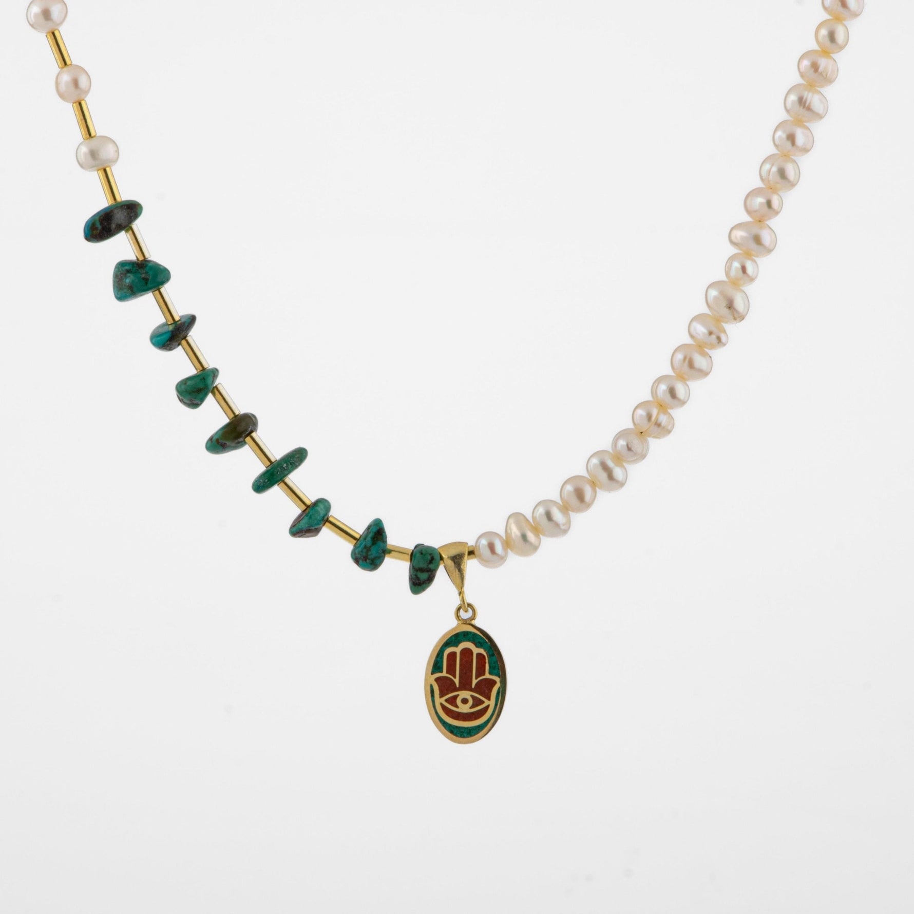 Mozaik Turkuaz Firuza Taşlı-İnci Doğal Taş Gümüş Tasarım Kolye