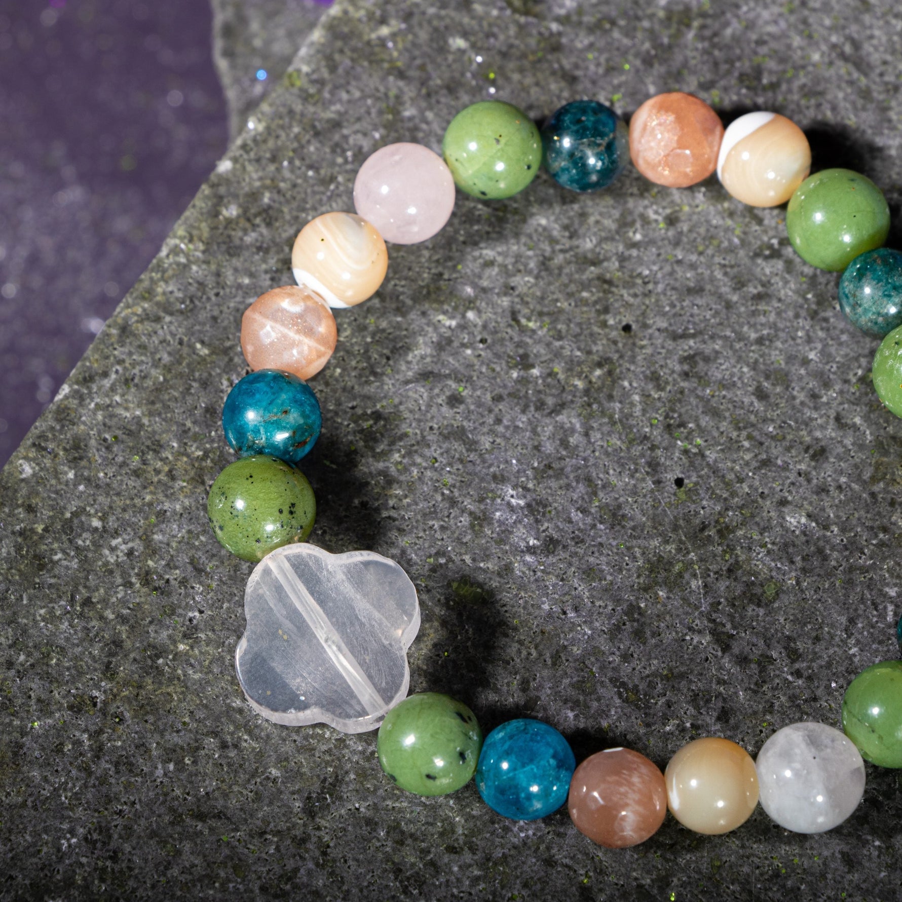 Boğa Burcu Bileklik Güneş Taşı, Mavi Apatit, Pembe Kuvars, Sedef, Yeşim