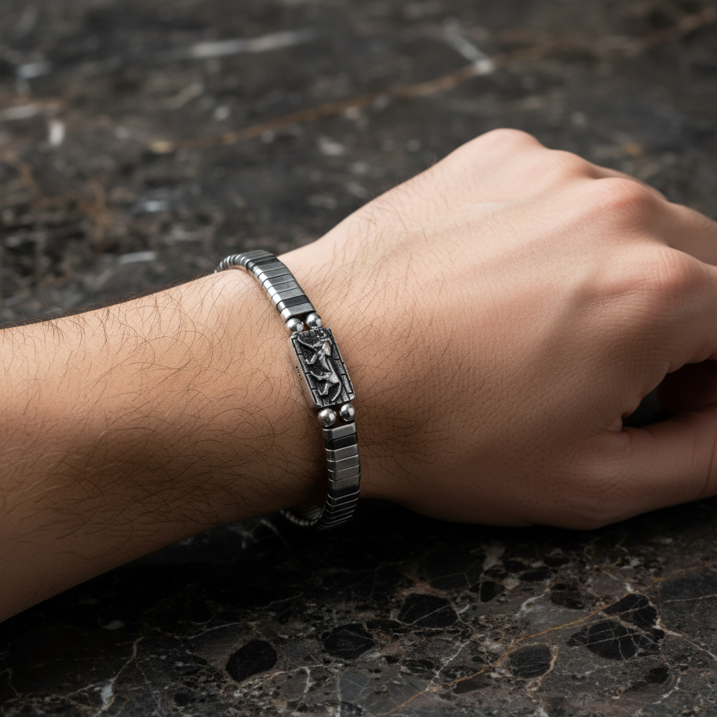 Hematit Doğal Taş 925 Ayar Gümüş Erkek Tasarım Bileklik – Özel Tasarım