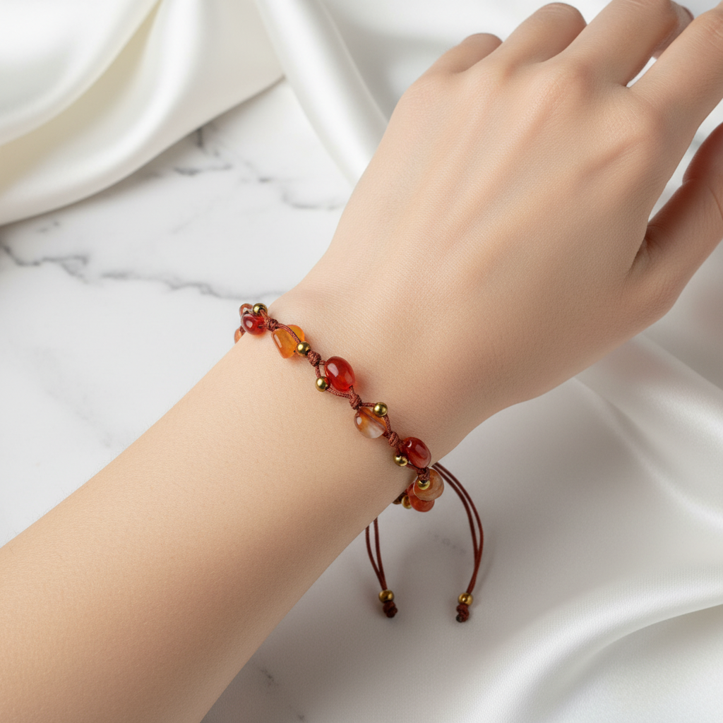 Kırmızı Akik Natürel Kesim Doğal Taş Makrome Bileklik – Unisex El İşçiliği