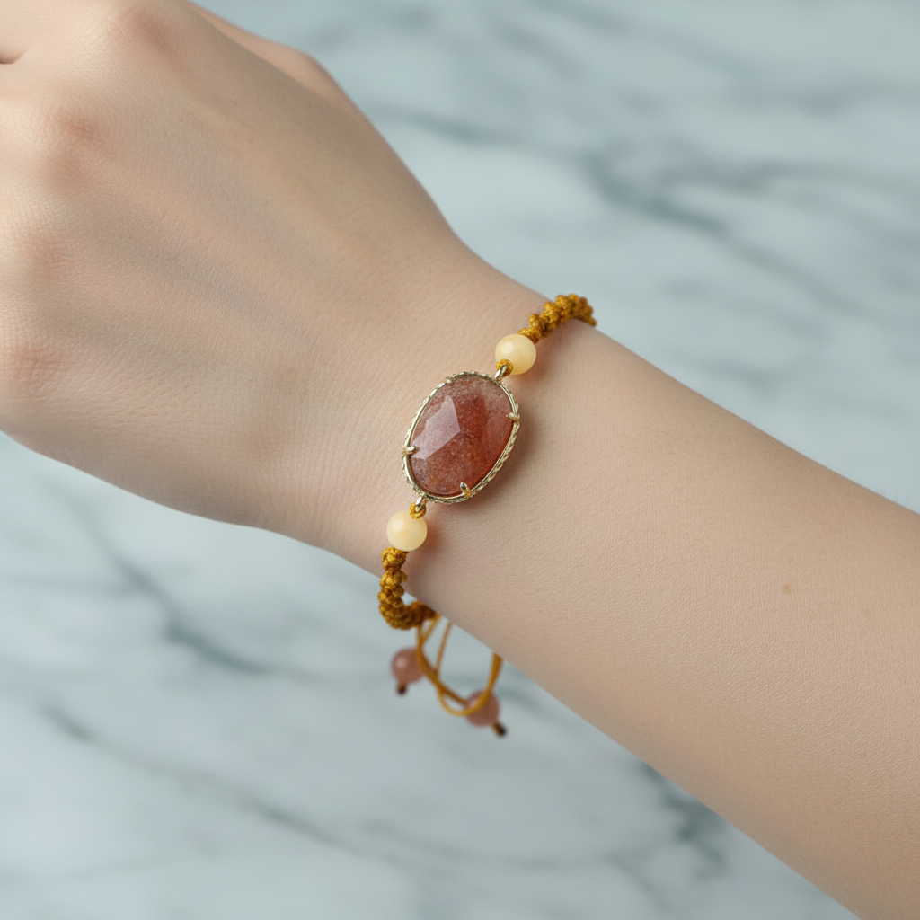 Çilek Kuvars – Kalsit Doğal Taş Makrome Bileklik – Özel Tasarım