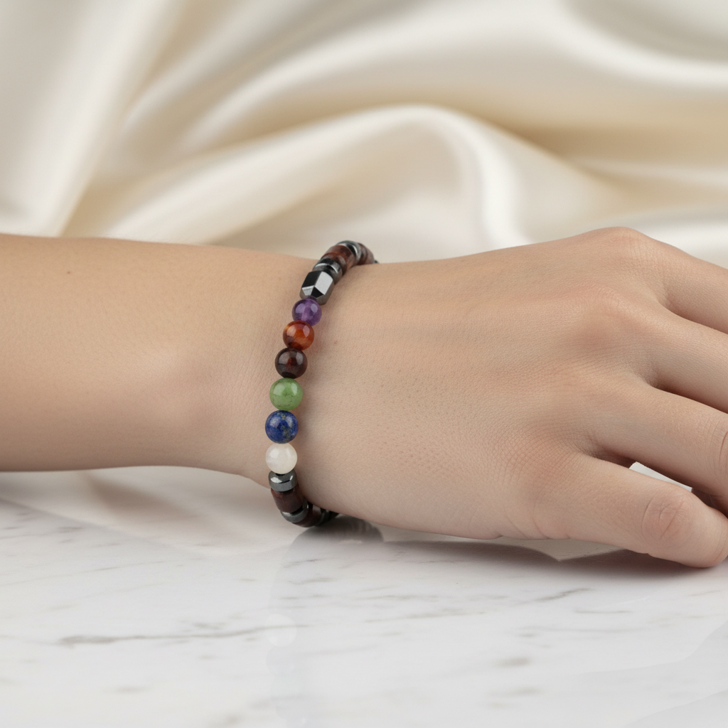 Kaplan Gözü Doğal Taş Bileklik – Ametist, Lal, Akik, Lapis, Yeşim ve Kalsit Detaylı