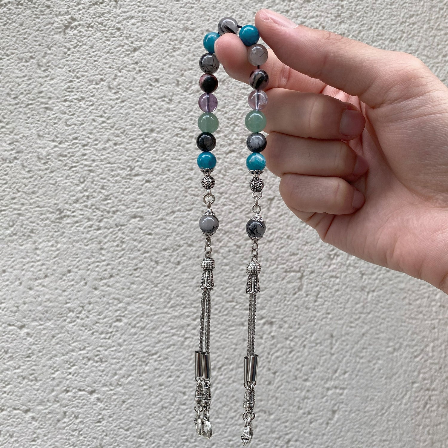 Boğa Burcu Zaza Tesbih Doğal Taş Ametrin, Mavi Apatit, Rodonit, Rutilli Kuvars, Yeşil Aventurin