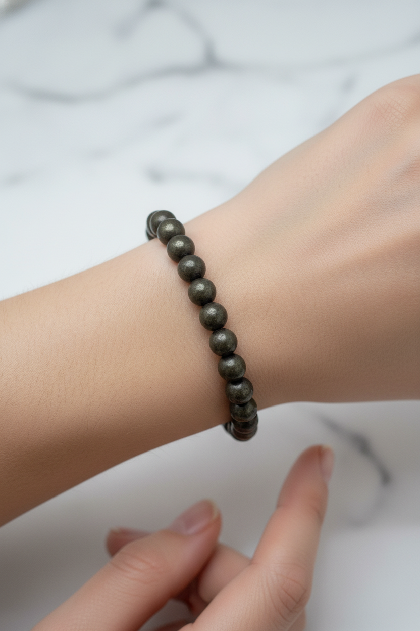 Pirit Doğal Taş Bileklik – 8 mm Misinalı, Unisex Tasarım