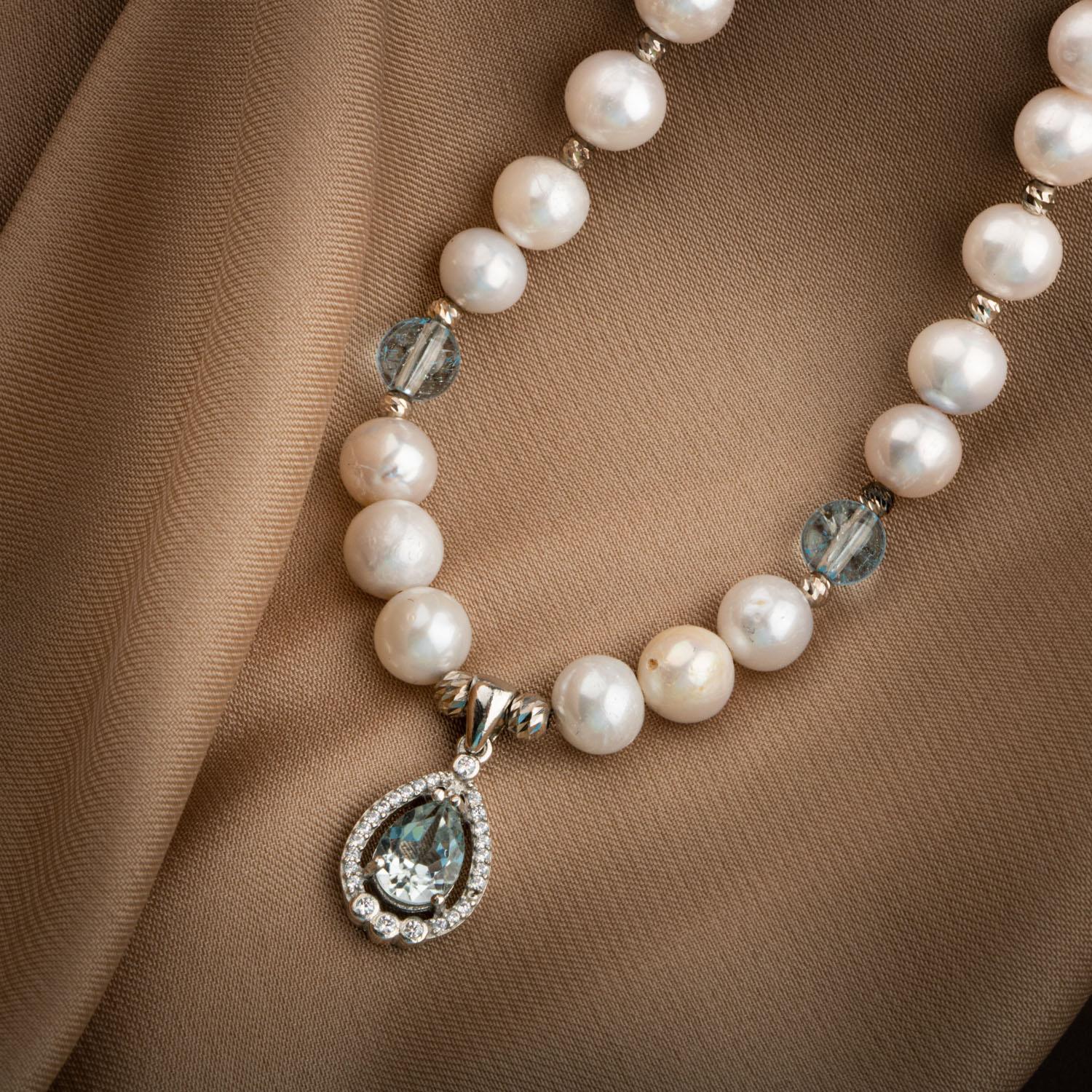 Topaz Gümüş Uç-Topaz-İnci Doğal Taş Gümüş Kolye - 54cm