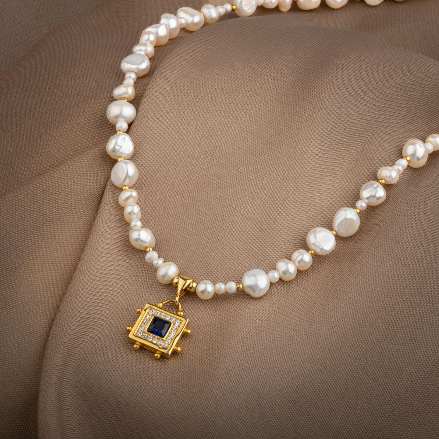 Lapis Lazuli Taşlı İnci Doğal Taş Gümüş Tasarım Kolye - 54cm