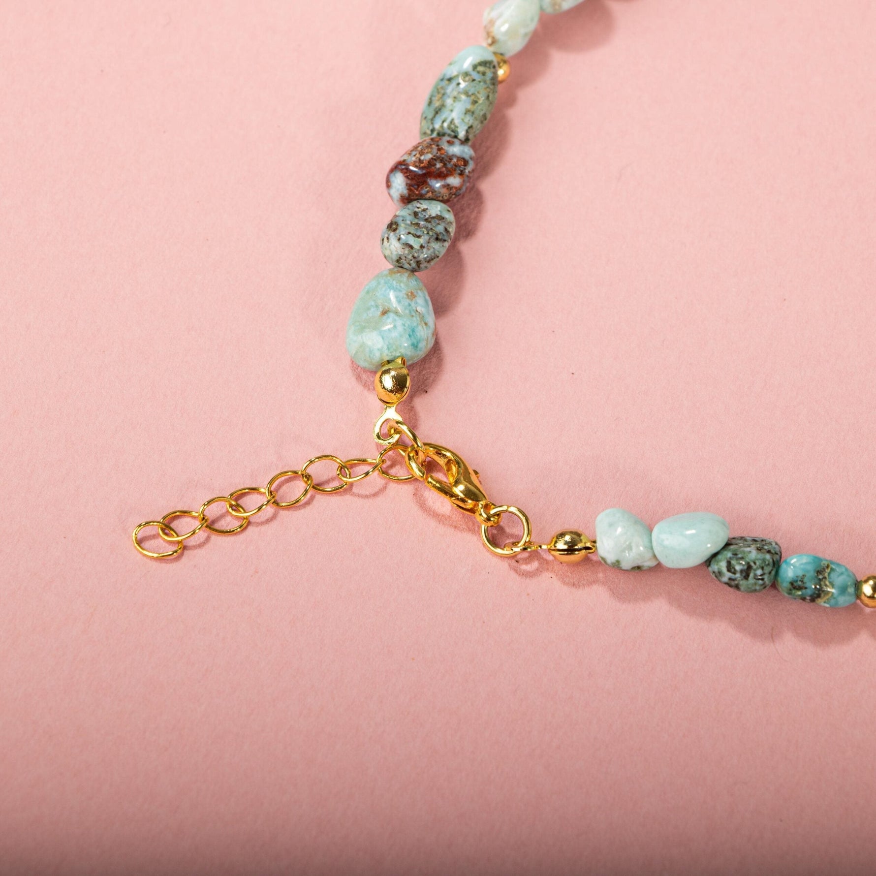 Larimar-Lal-Hematit-İnci-Ay Taşı Altın Kaplama Doğal Taş Kolye