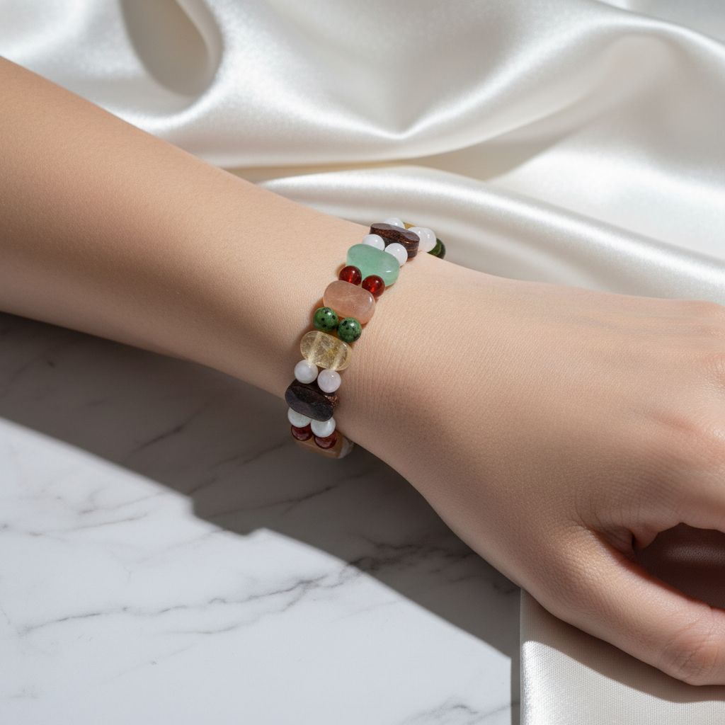 İkizler Burcu Doğal Taş Bileklik – Ay Taşı, Güneş Taşı, Kaplan Gözü, Pembe Kuvars, Sitrin, Aventurin & Yeşim