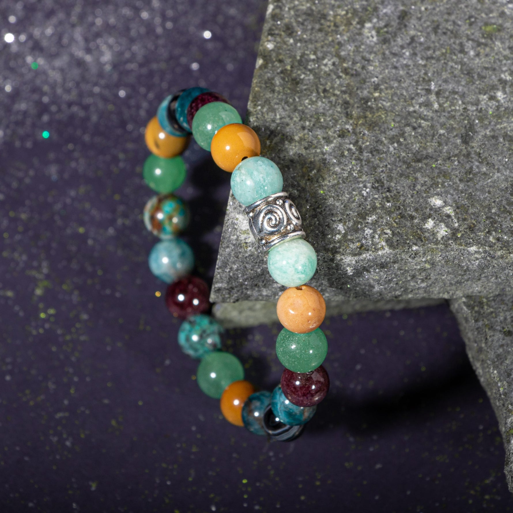 Başak Burcu Bileklik Amazonit, Bordo Granat Lal, Jasper, Krizokol, Mavi Apatit, Siyah Göz Akik, Yeşil Aventurin